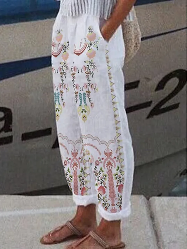 Women's Linen Pants Chinos Pants Trousers Full Length Faux Linen Side Pockets Baggy Micro-elastic Mid Waist Fashion Designer Casual Weekend White / Black White S M Summer Spring &  Fall