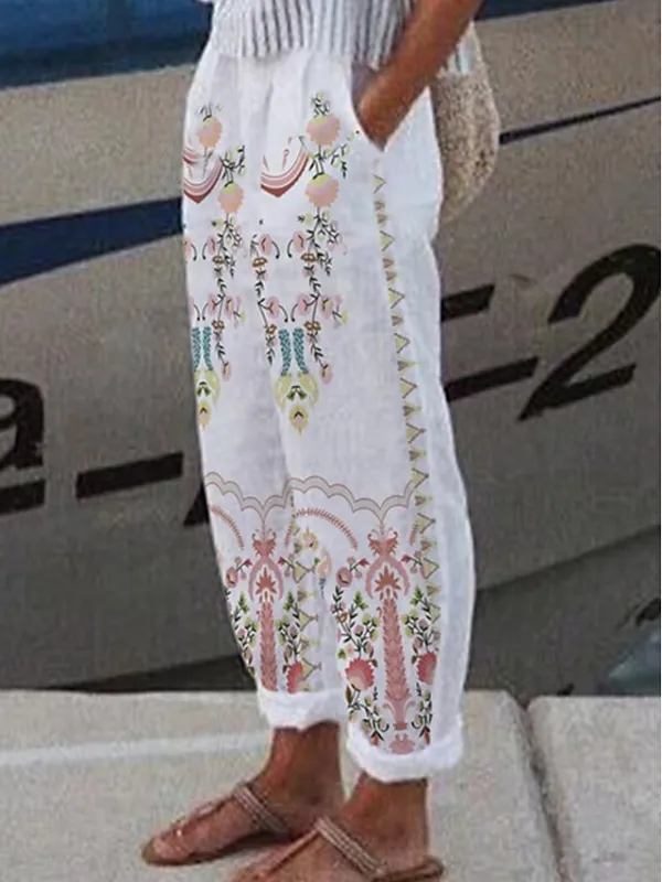 Women's Linen Pants Chinos Pants Trousers Full Length Faux Linen Side Pockets Baggy Micro-elastic Mid Waist Fashion Designer Casual Weekend White / Black White S M Summer Spring &  Fall