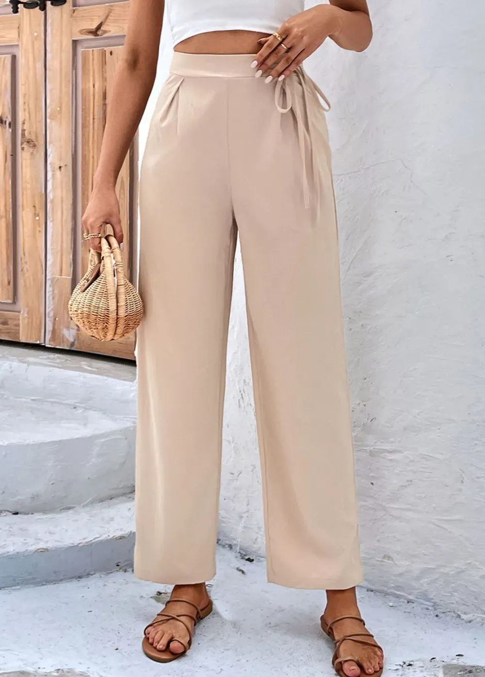 Light Coffee Bowknot Drawastring High Waisted Pants
