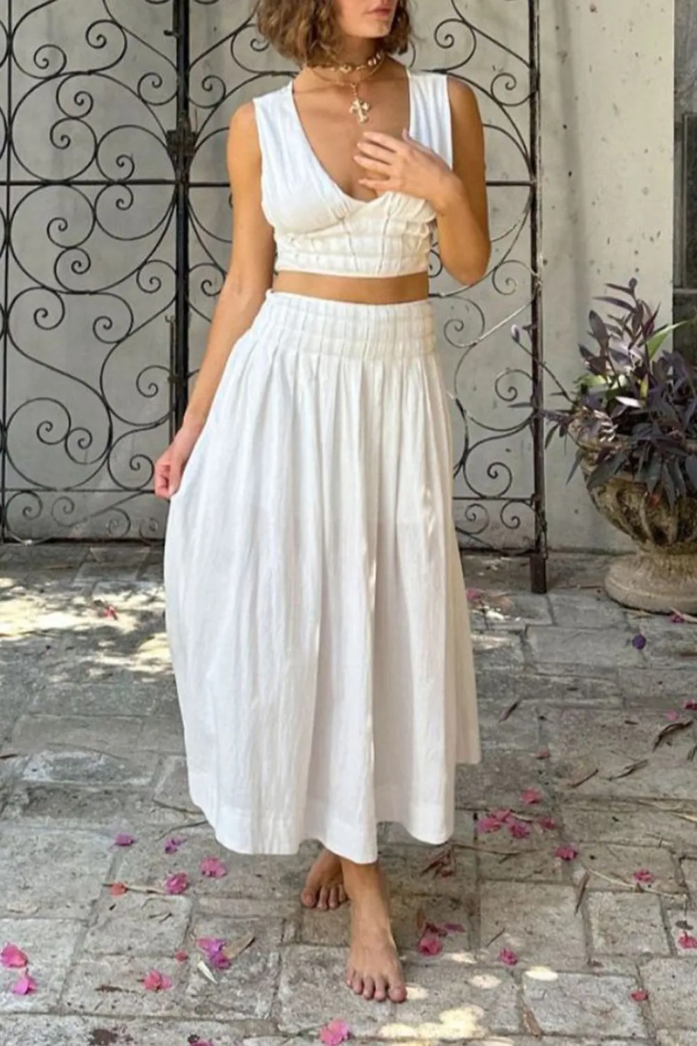 White Cotton And Linen Long Skirt