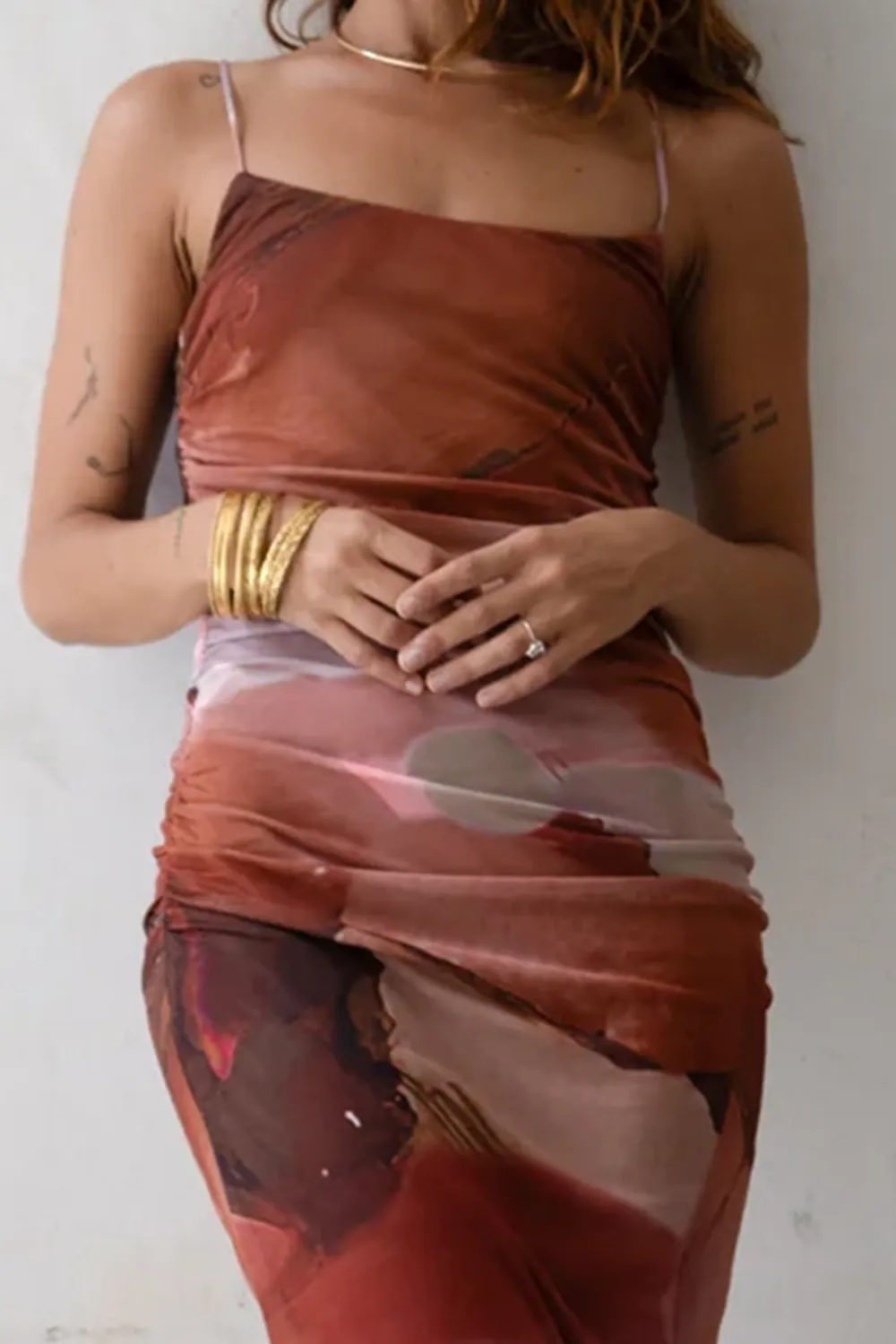 Rust Abstract Mesh Midi Dress