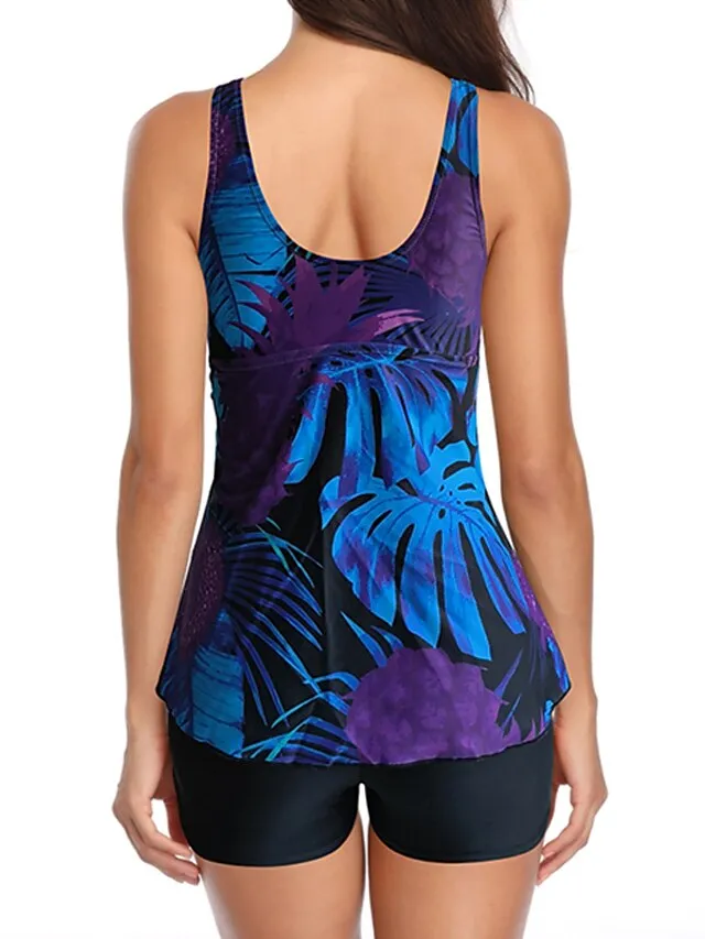 Women's Swimwear Swim Dress 2 Piece Plus Size Swimsuit Open Back Printing Trees / Leaves Tropical Black Pink Blue Purple Green Camisole V Wire Bathing Suits New Vacation Fashion