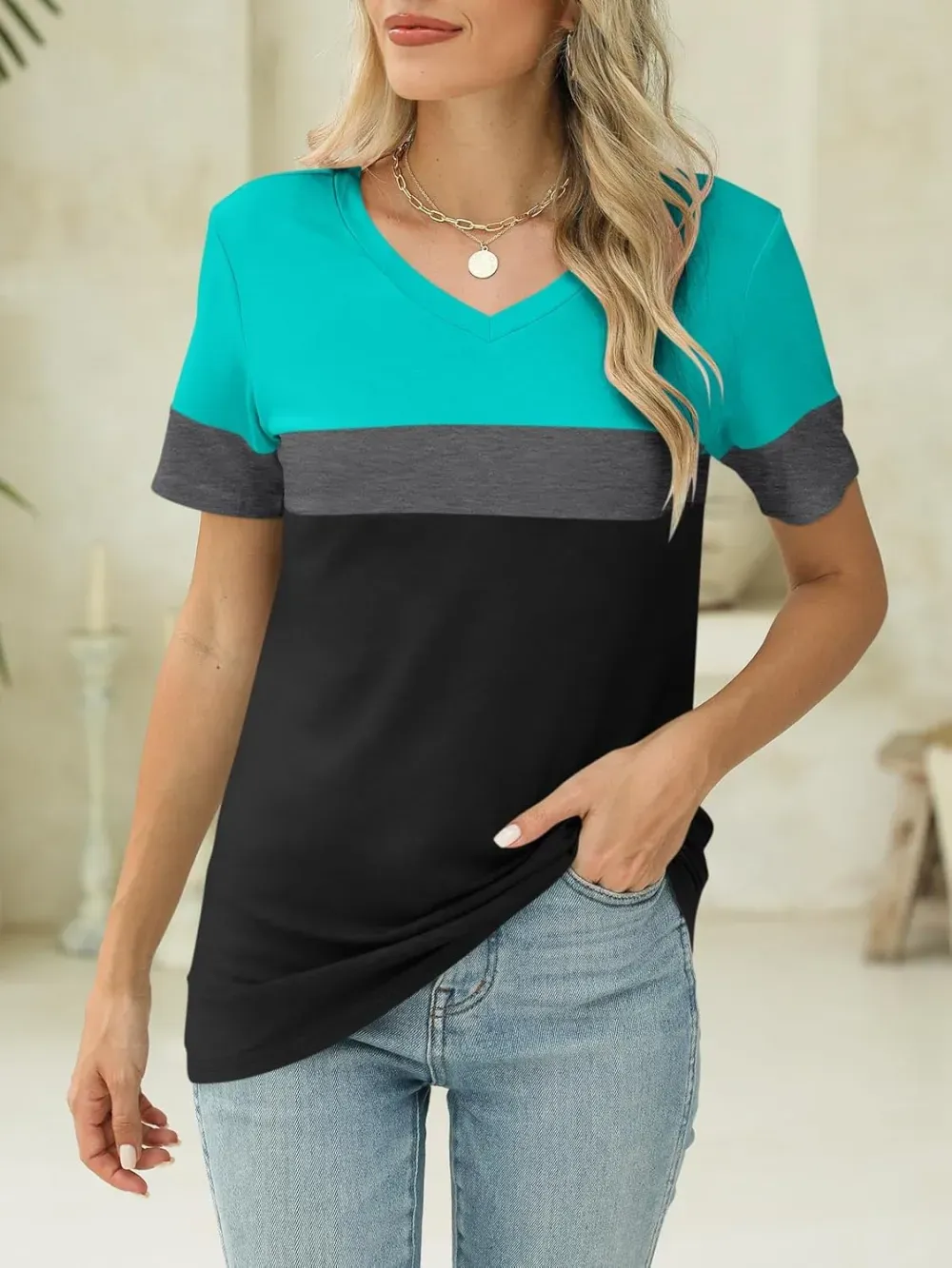 ORANDESIGNE Women's Color Block Short Sleeve T Shirts Casual V Neck Summer Tops Tees Loose Fit Blouses