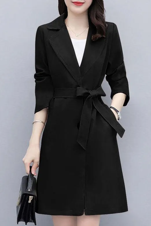 Front Tie Solid Lapel Trench Coat