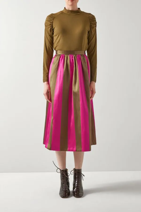 Olive & Magenta Striped Satin Midi Skirt