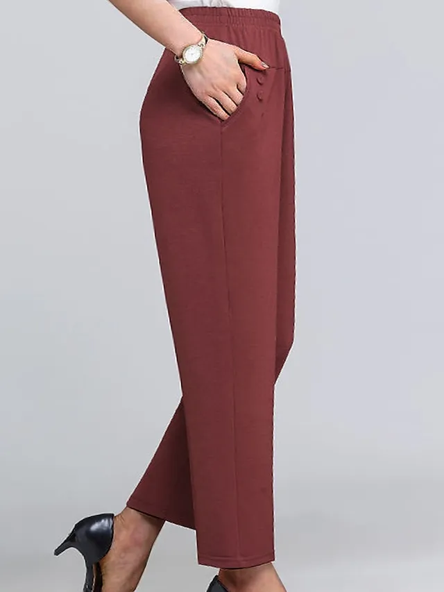 Women‘s Dress Work Pants Wine Almond Black High Waist Solid Color Buttons Fashion Streetwear Daily Wear Pocket Ankle-Length Comfort Plain M L XL 2XL 3XL