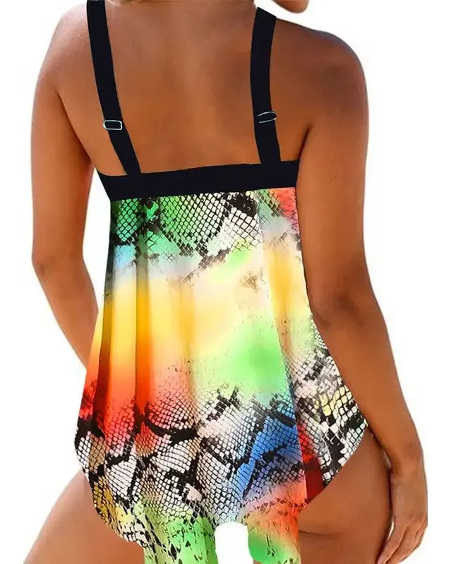 Multicolor Print Sexy V-Neck Tankini Swimsuit