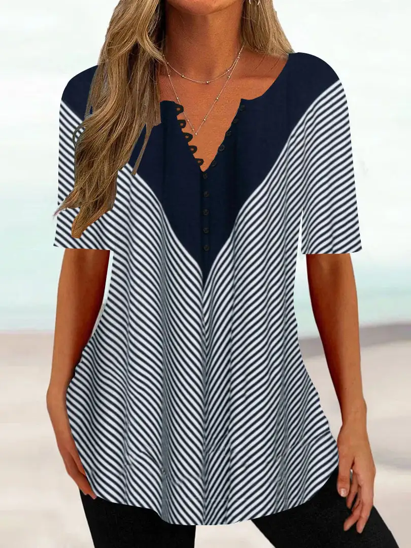 Women's Half Sleeve V-neck Striped Tops