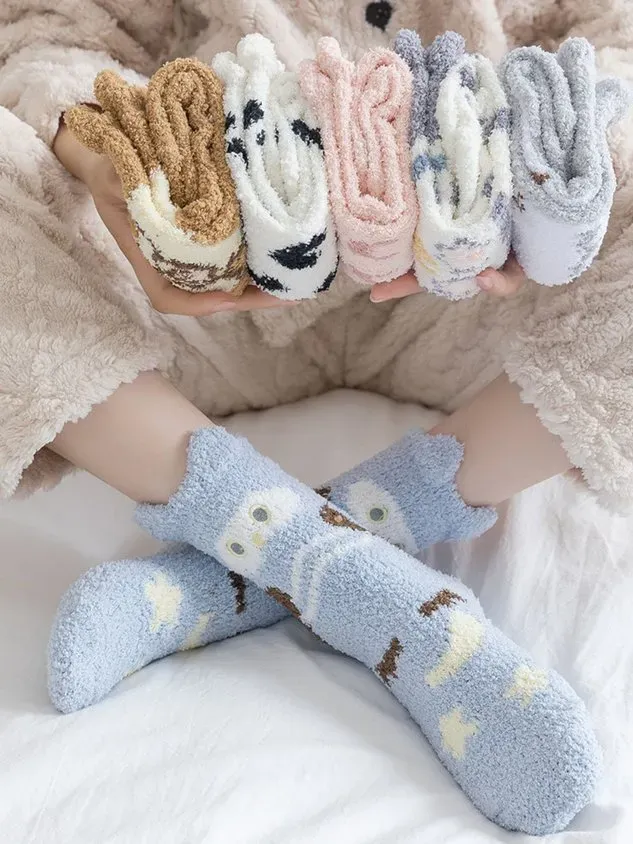 Cat Dog Pika Pet Cute Shape Thickened Warm Coral Fleece Floor Socks