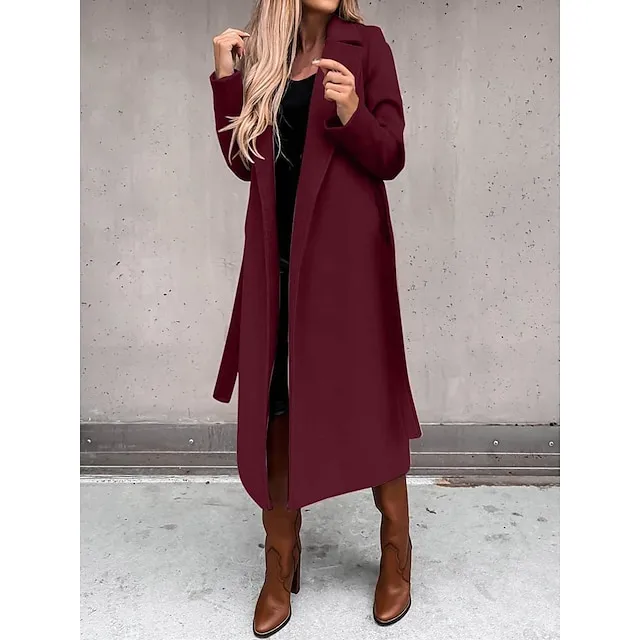 Women's Winter Coat Long Overcoat with Belt Fall Lapel Pea Coat with Pockets Trench Coat Fashion Street Wear Formal Jacket Long Sleeve  Black White Yellow