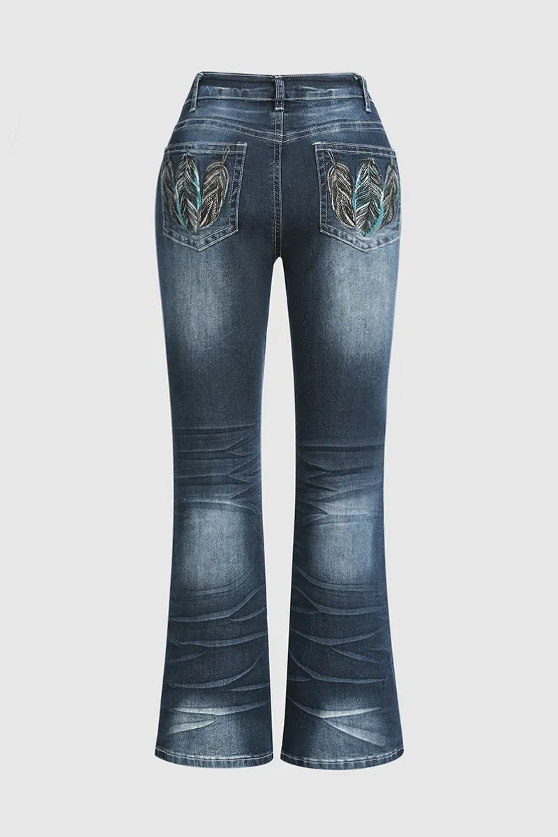 Mid Waist Pocket Straight Leg Jeans