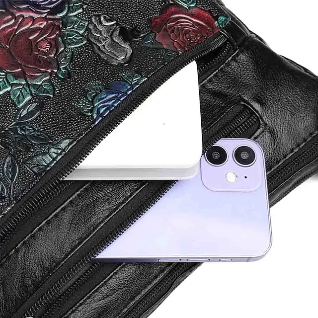 Women's Crossbody Bag Shoulder Bag PU Leather Outdoor Office Zipper Adjustable Large Capacity Lightweight Flower Black