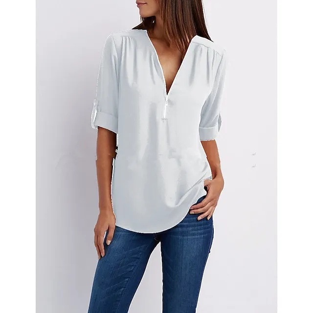 Women‘s Blouse Shirt Zipper Basic Plain Daily V Neck T-shirt Sleeve Regular Summer White Black Pink Grey Dark Blue