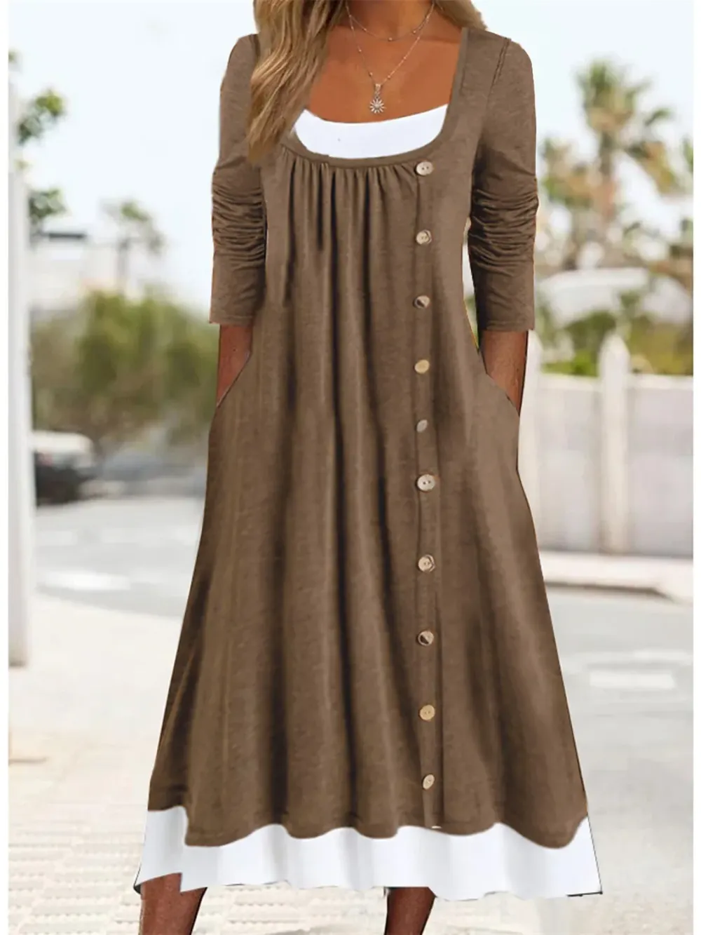 Women's Long Sleeve U-neck Button Midi Dress