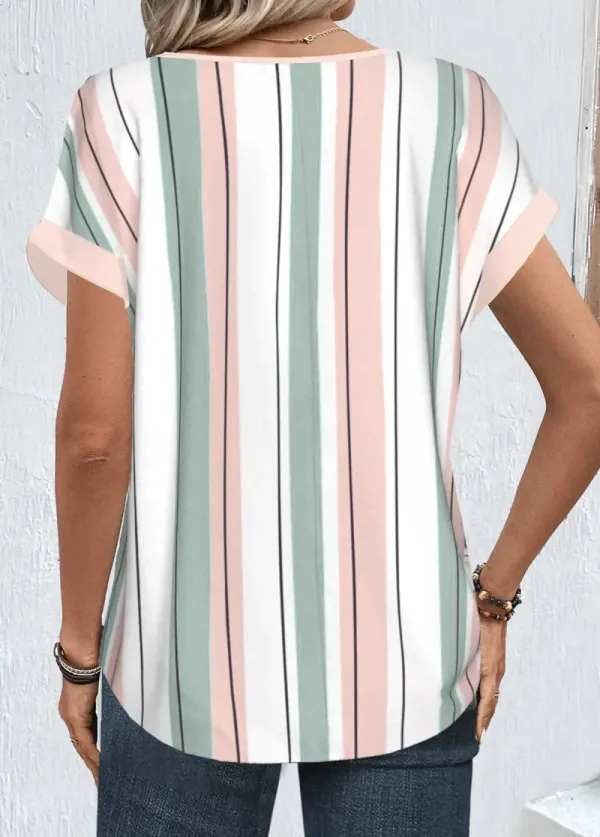 White Zipper Striped Short Sleeve Round Neck Blouse