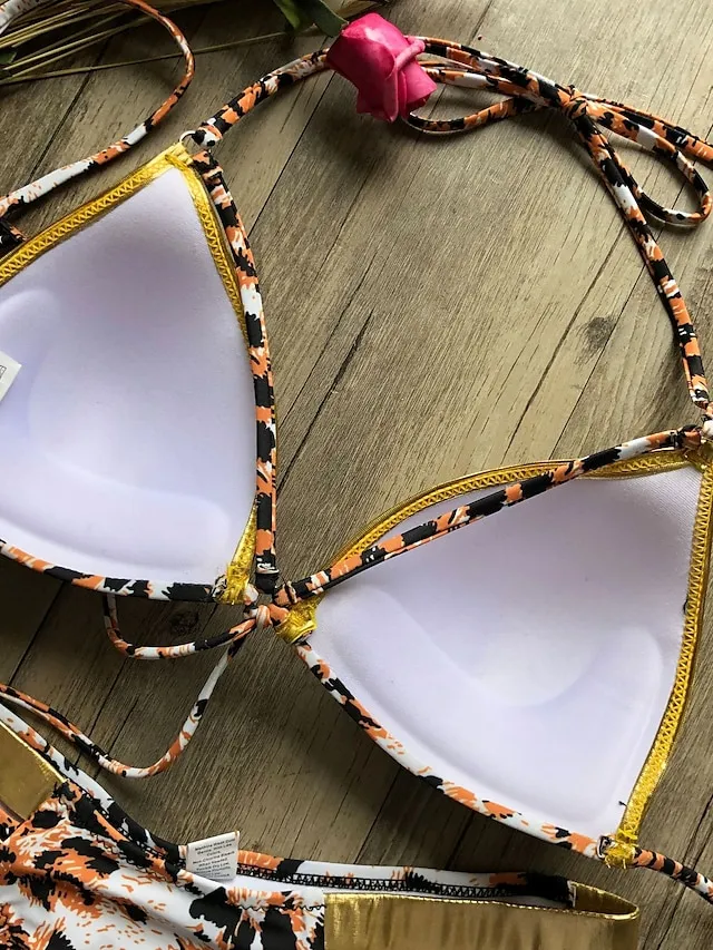 Women's Swimwear Bikini 2 Piece Normal Swimsuit Open Back Cut Out Sexy Leopard Color Block Leopard Print Black Pink Wine Dusty Rose Camisole Strap Bathing Suits New Vacation Sexy