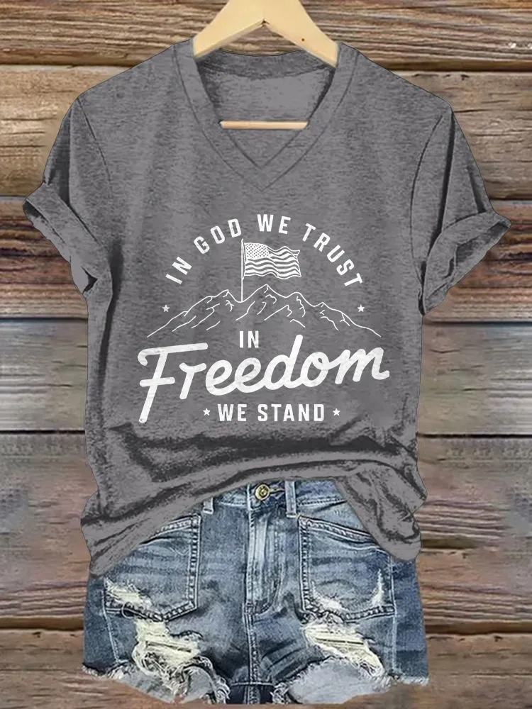 Women's  In God We Trust In Freedom We Stand Print Short Sleeve Round Neck Cotton T-Shirt