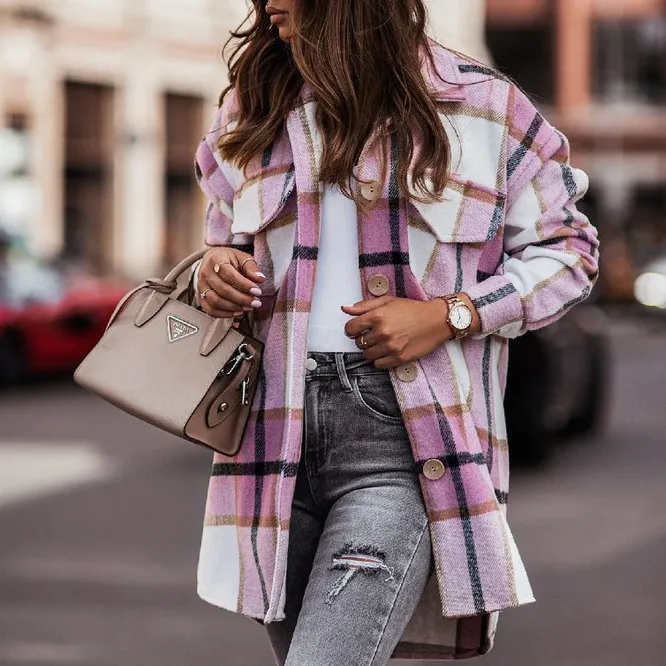 Casual Plaid Front Pocket Lapel Coat