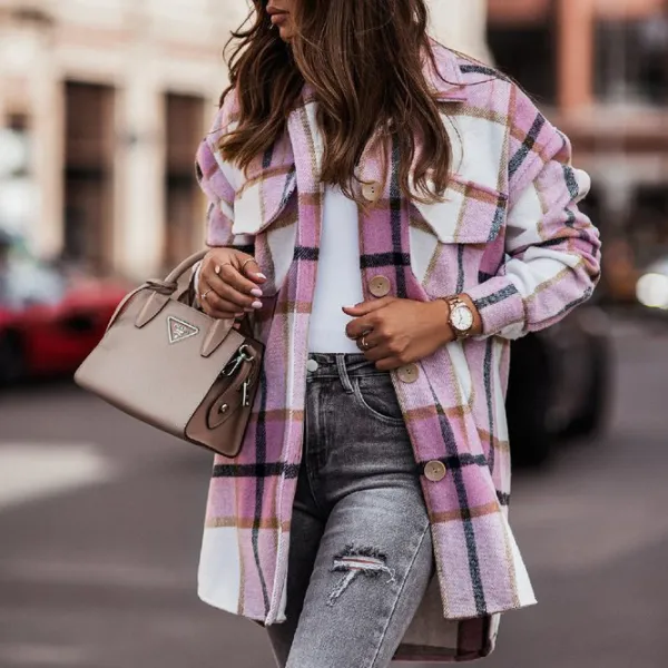 Casual Plaid Front Pocket Lapel Coat
