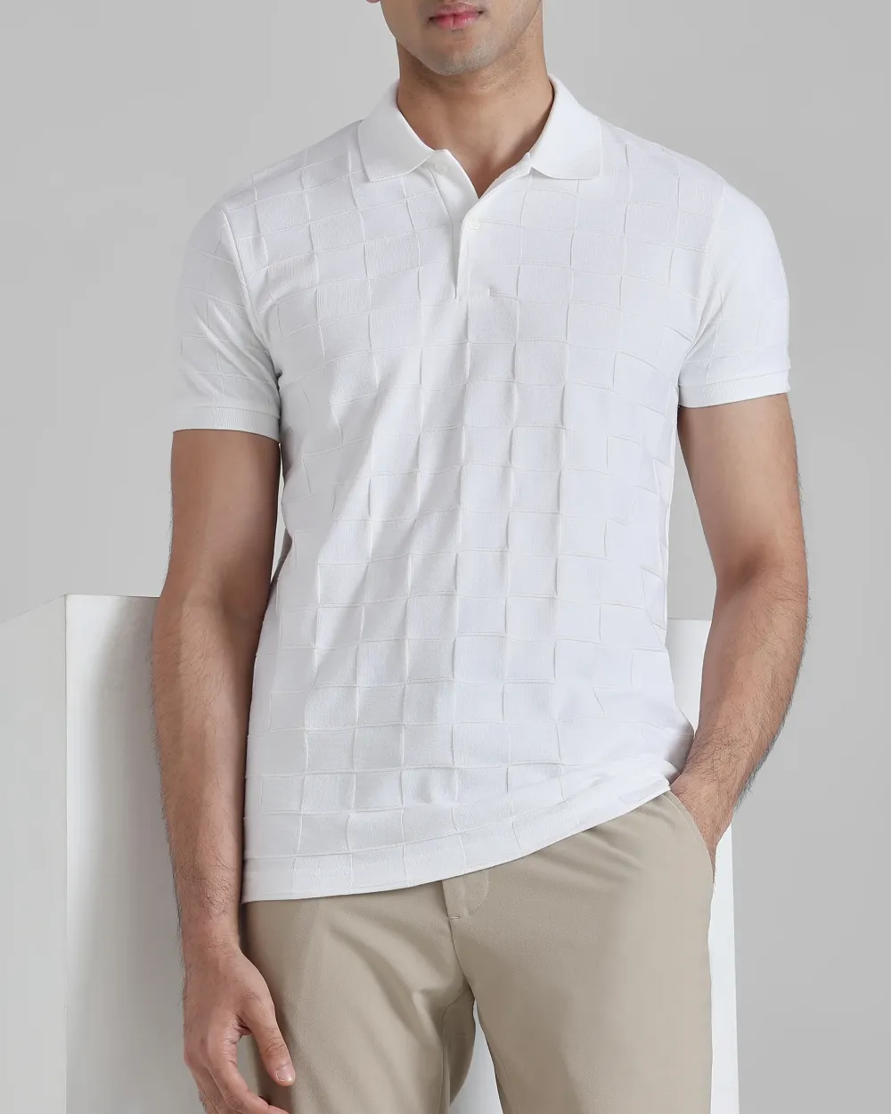 Casual Minimalist White Plaid Texture Polo Shirt