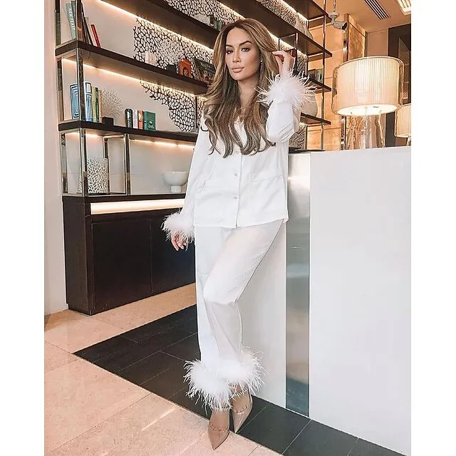 Women's Gift Loungewear Pajamas Sets Home Party Valentine's Day Feather Pure Color Silk Simple Soft Shirt Pant Fall Spring Summer Lapel Long Sleeve Long Pant Buckle Pocket