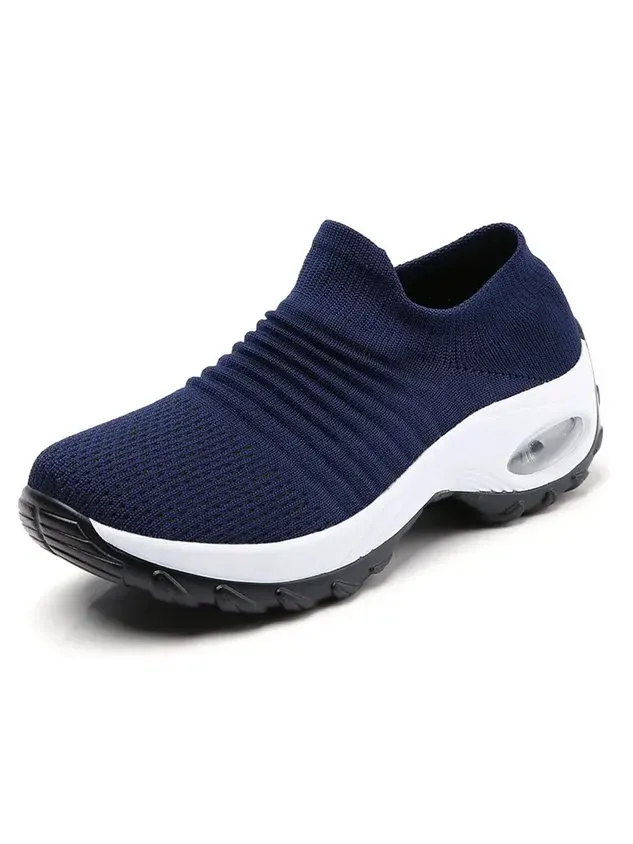 Sports Color Block Breathable Slip On Block Heel Fly Woven Shoes