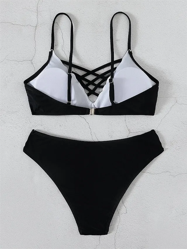 Women's Swimwear Bikini 2 Piece Normal Swimsuit Backless 2 Piece Sexy Hole Pure Color Black Strap Bathing Suits New Vacation Sexy
