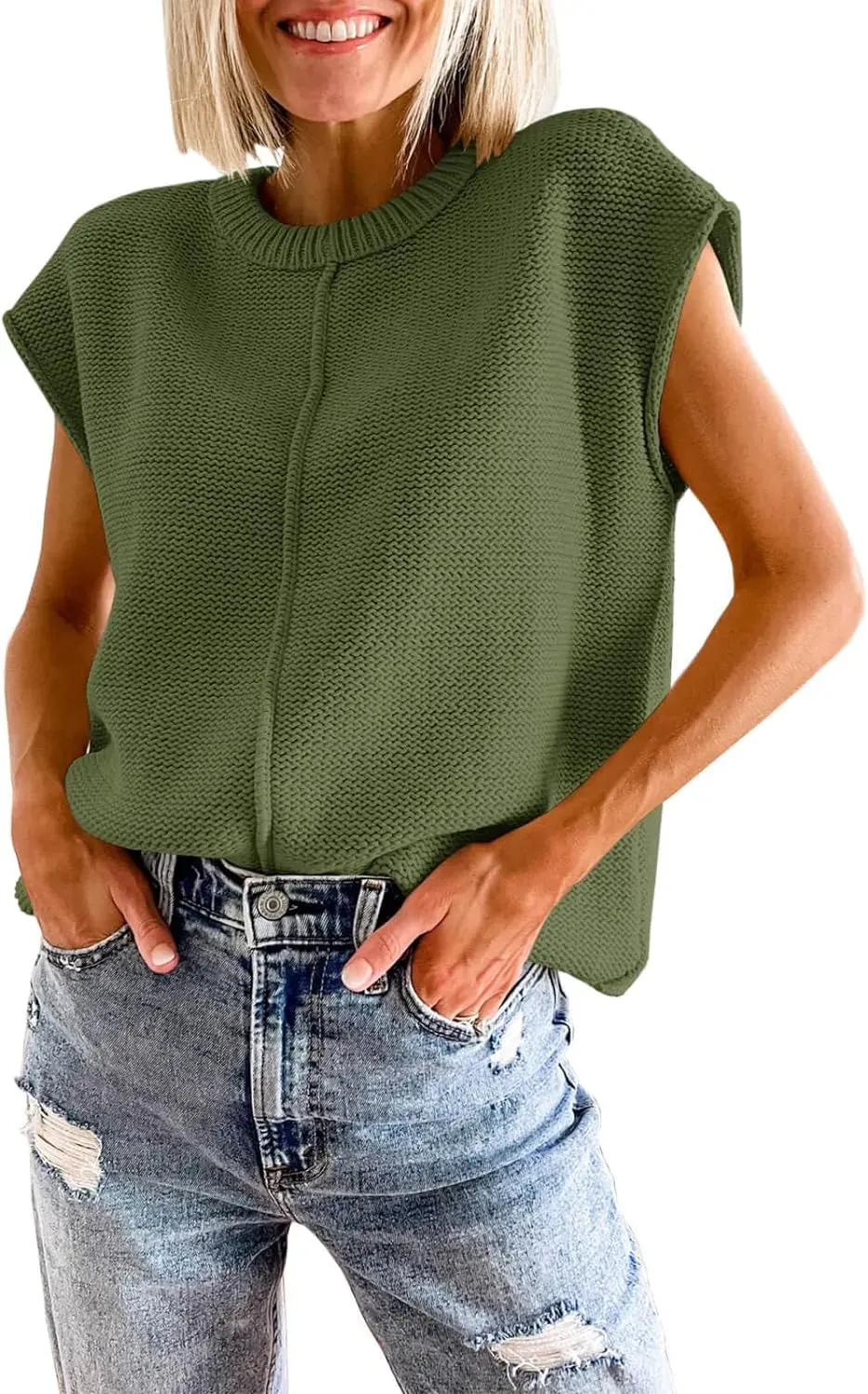 Saodimallsu Womens Summer Cap Sleeve Tops Casual Crew Neck Loose Fit Knit Lightweight Sweater Pullover Top