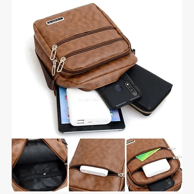 Men's Crossbody Bag Shoulder Bag Messenger Bag PU Leather Outdoor Daily Zipper Large Capacity Waterproof Lightweight Solid Color Black Brown Coffee