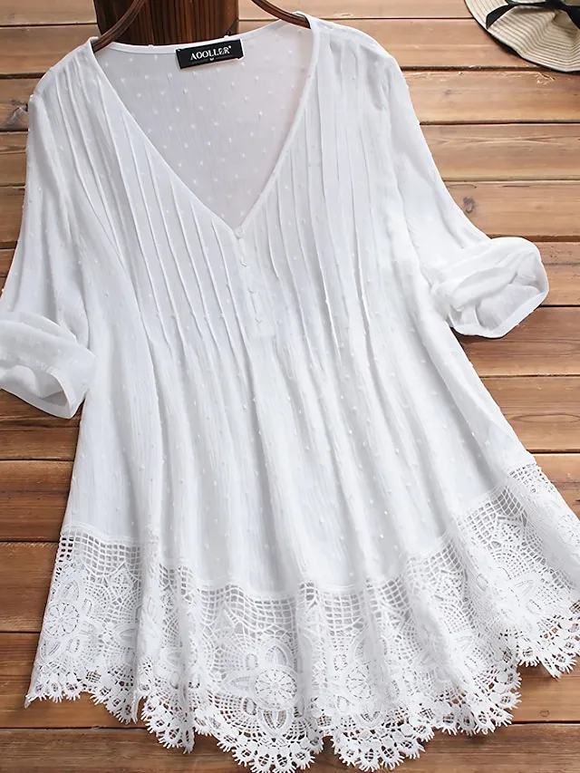 Women's Shirt Blouse White Eyelet Tops Cotton Pure Color White Pink Green Lace Button 3/4 Length Sleeve Daily Basic Casual V Neck Regular Fit Summer Spring Fall