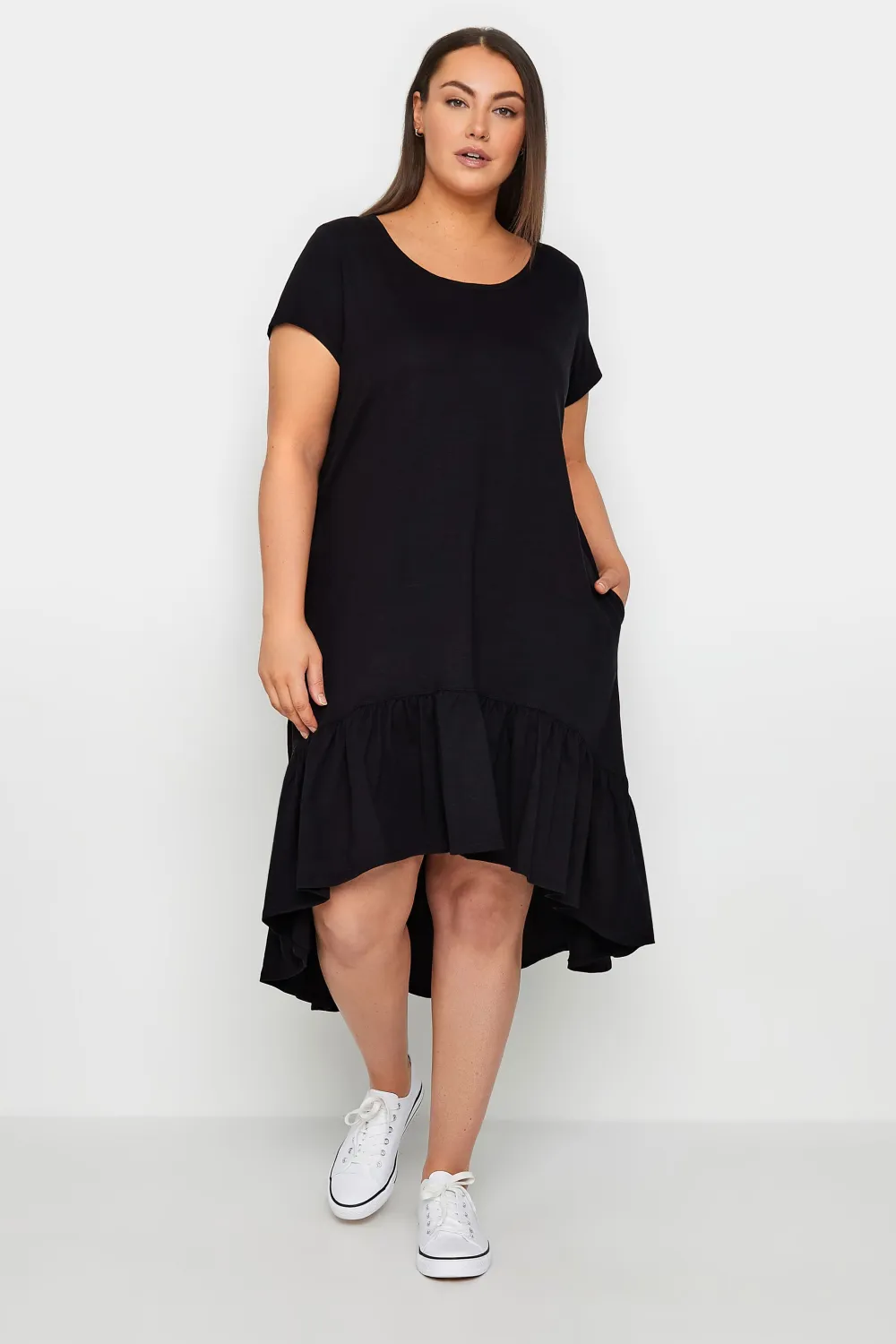 Evans Black Ruffle Drape Pocket Tunic Dress