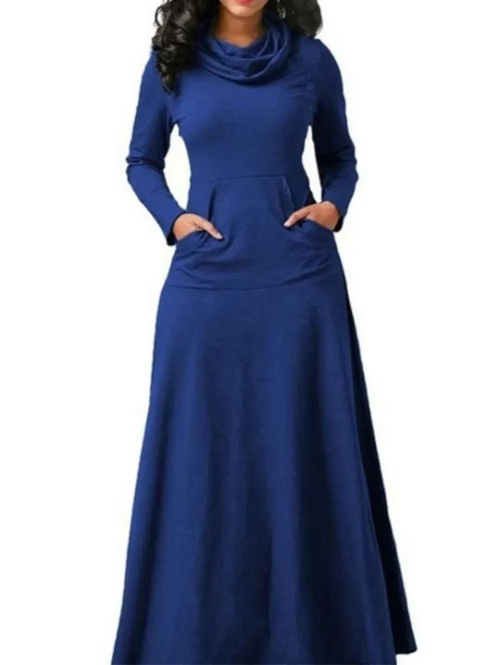 Casual Cowl Neck Pocket Long Sleeve Plain Maxi Dress
