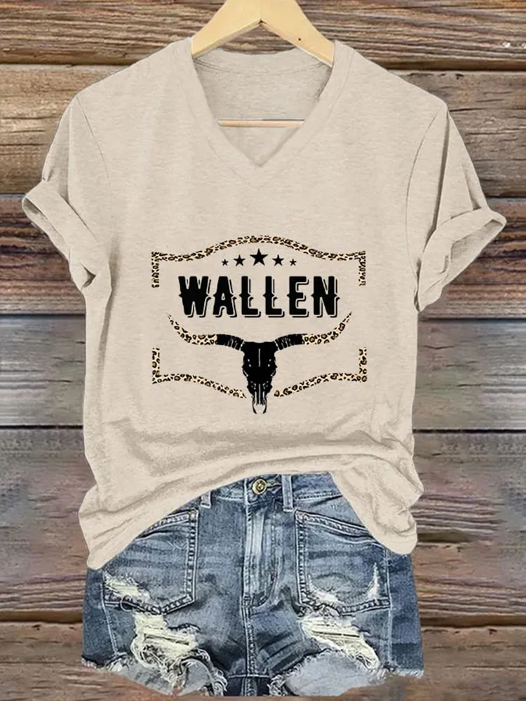 Wallwn Printed V-Neck Short-Sleeved T-Shirt