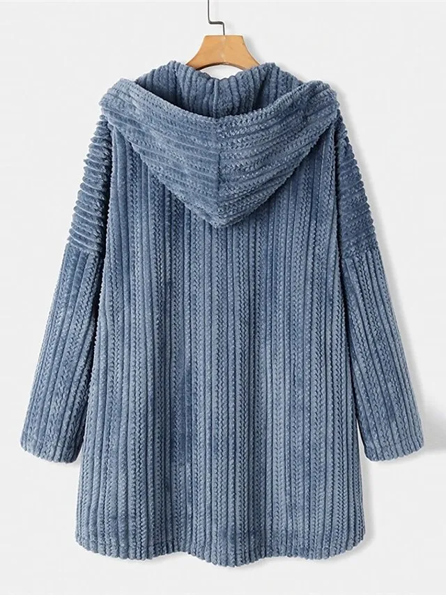 Women's Plus Size Teddy Coat Winter Coat Button Pocket Plain Outdoor Causal Long Sleeve Hoodie Regular Winter Fall Black Blue Khaki XL XXL 3XL 4XL 5XL