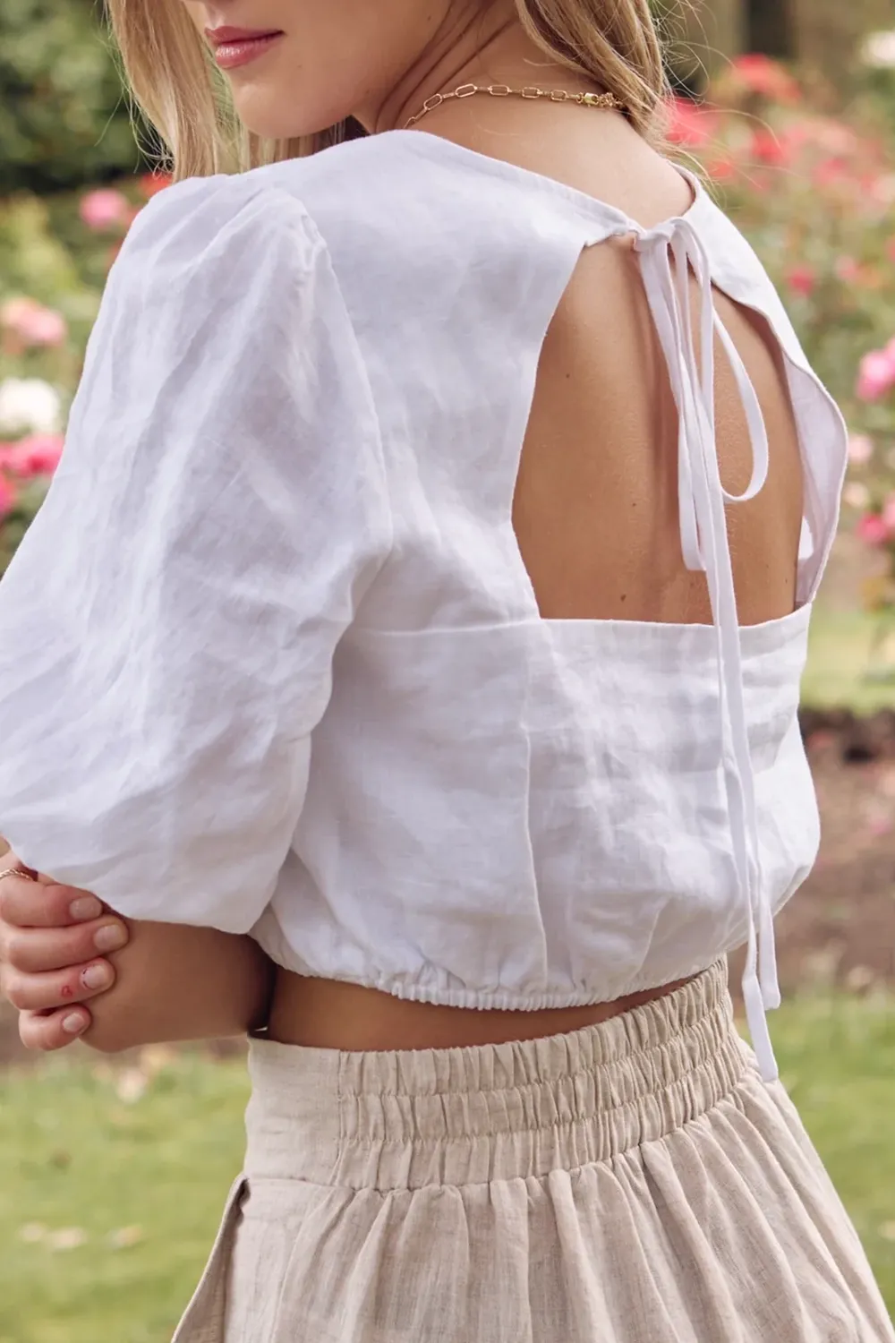 White Linen Cut - Out Crop Top