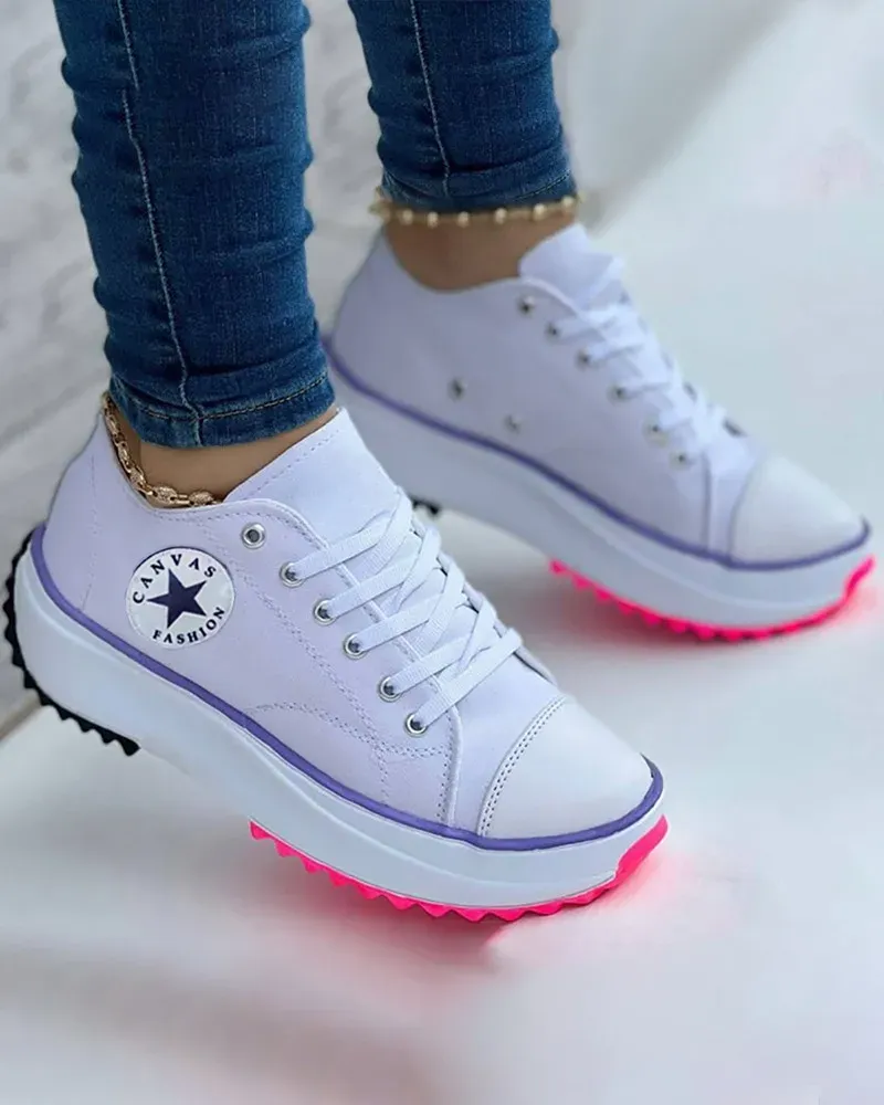 Eyelet Lace-up Flatform Canvas Shoes
