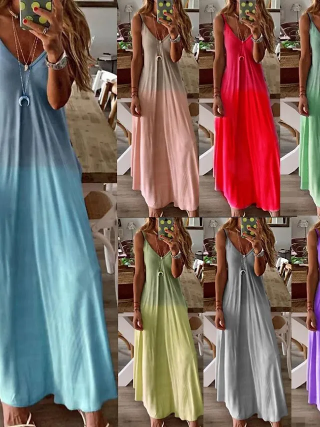 Women's Casual Dress Slip Dress Boho Dress Long Dress Maxi Dress Purple Pink Yellow Sleeveless Color Gradient Slim Fall Spring Summer V Neck Basic Daily Vacation Summer Dress 2023 S M L XL XXL 3XL