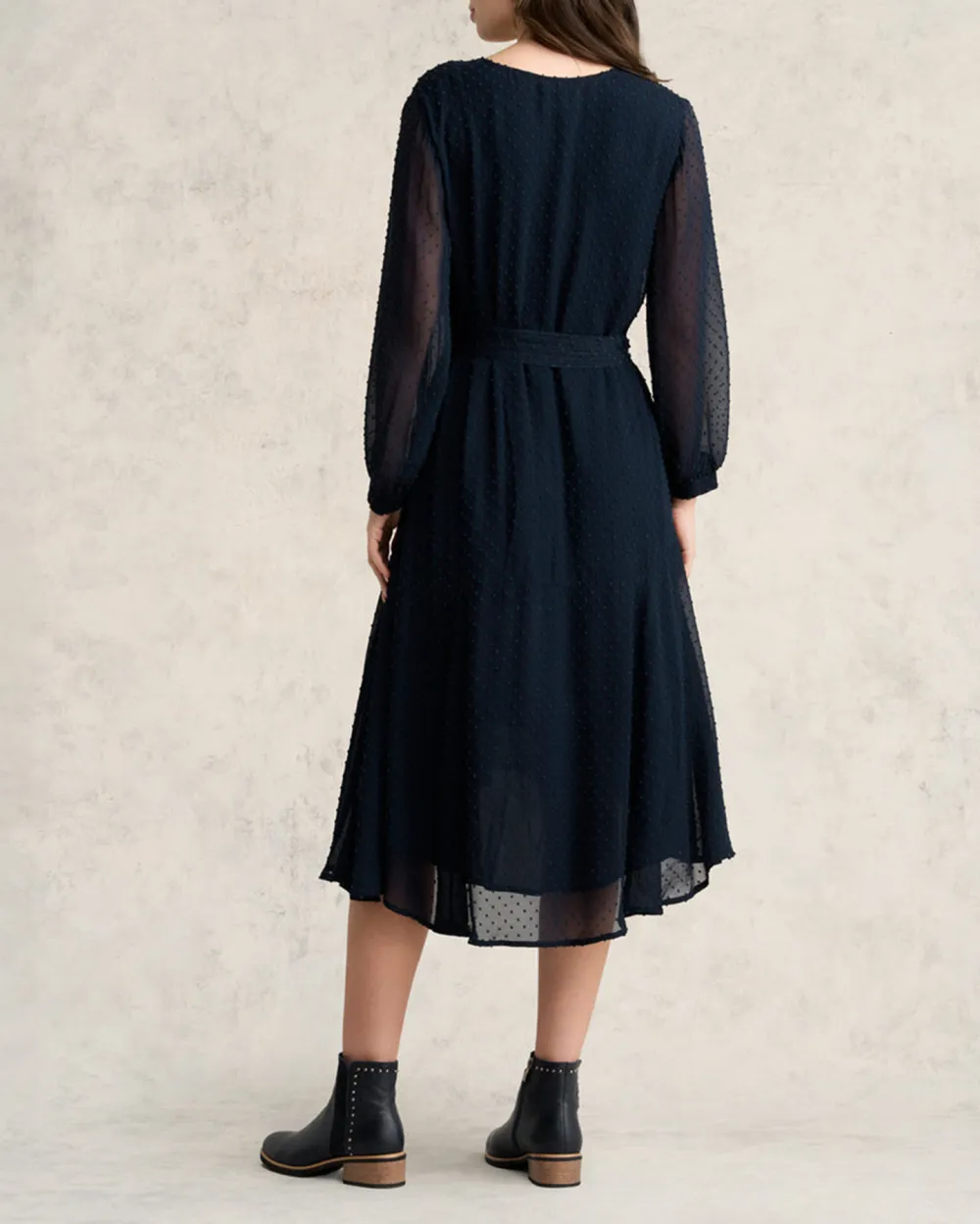 V Neck Long Sleeve Belted Midi Dress