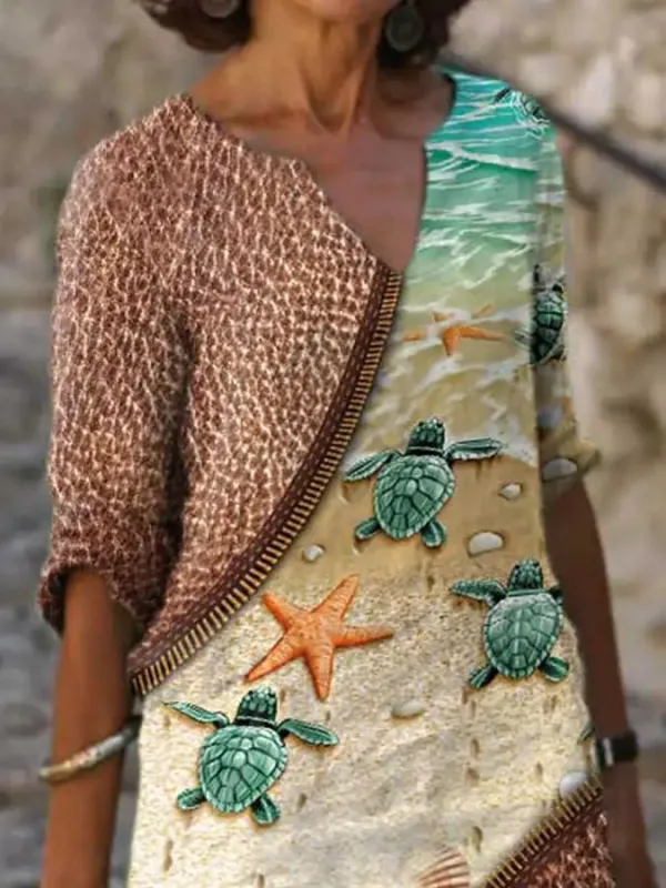 V-neck Vacation Sea Turtle Zipper Print Dress