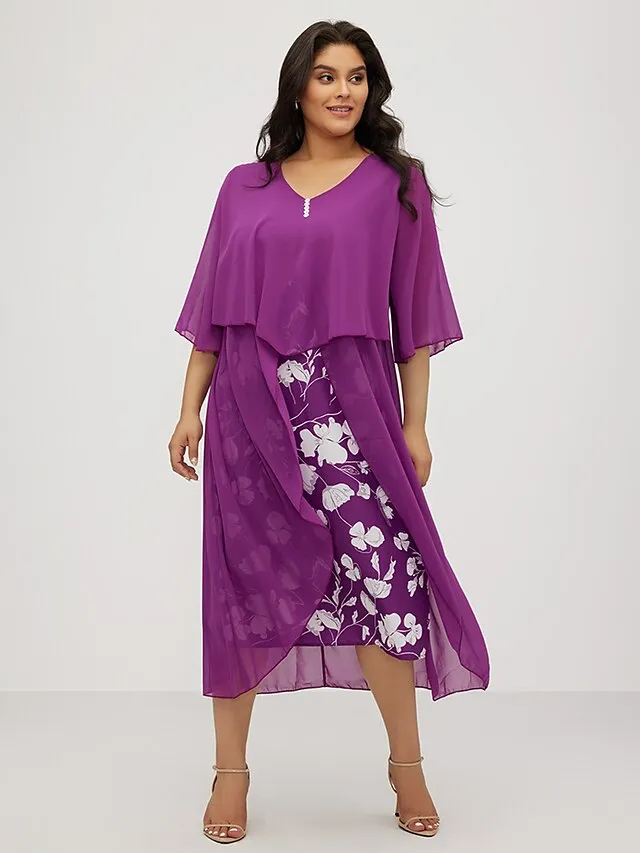 Women‘s Plus Size Curve Work Dress Floral V Neck Ruched 3/4 Length Sleeve Spring Summer Work Elegant Midi Dress  Layered Formal Vacation Dress Wedding Guest Dress