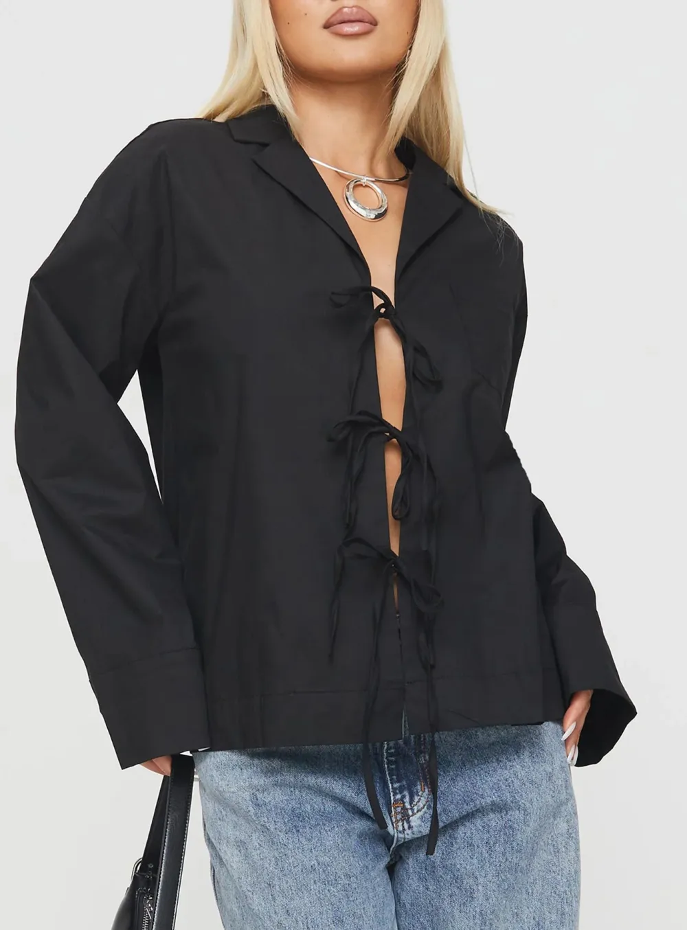 White Mandarin Collar Tie Front Shirt