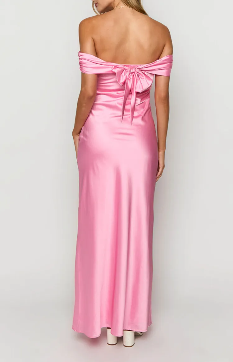Off  Shoulder Pink Satin Maxi Dress
