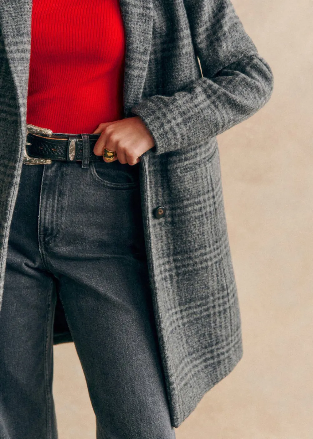 Mid-length Grey Checked Coat