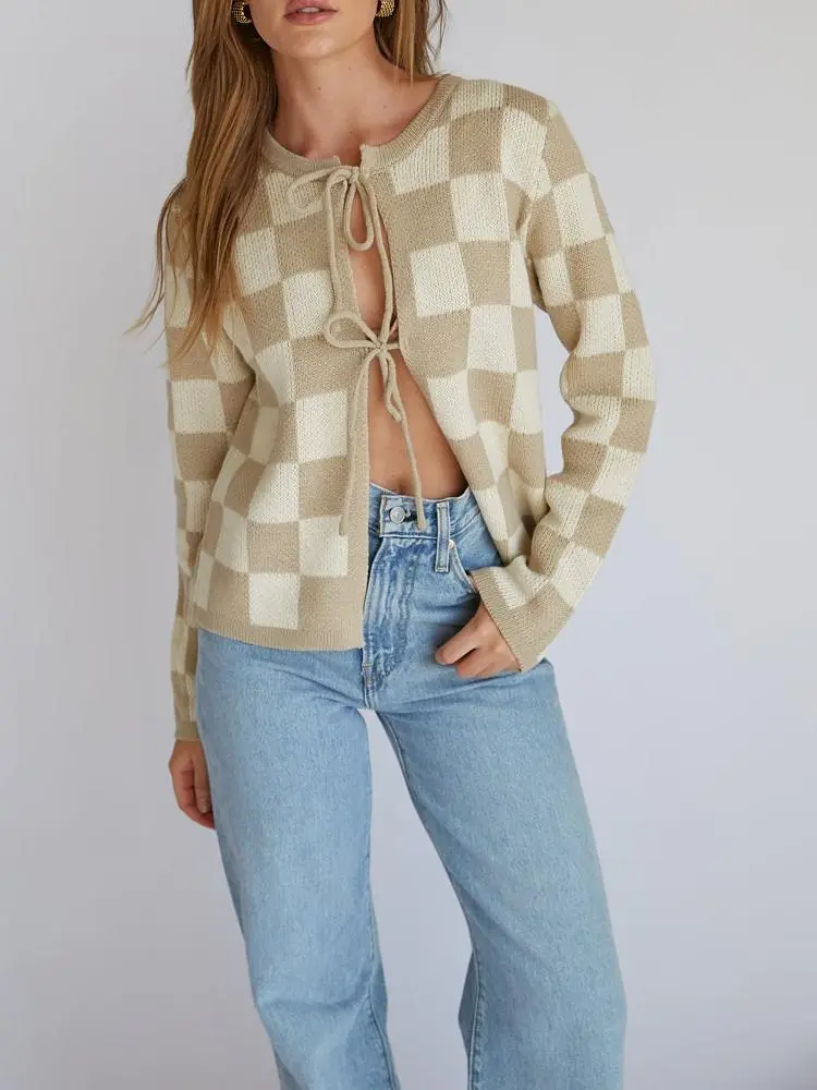 Agnes Checkered Knit Bow Cardigan