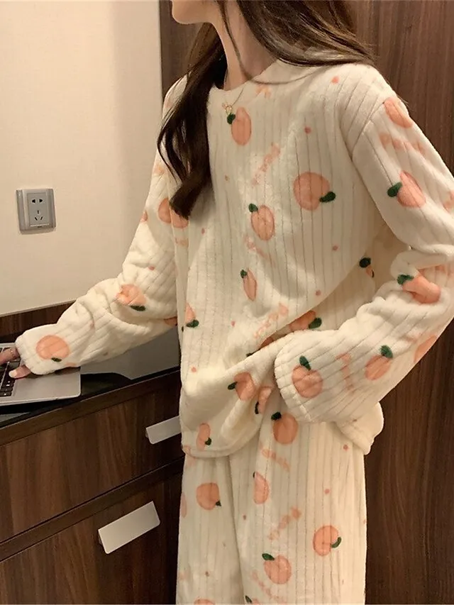 Women's Fleece Coral Pajamas Sets Cartoon Fruit Fashion Plush Casual Home Daily Bed Coral Breathable Crew Neck Long Sleeve Pant Summer Fall Lotus Pink Black