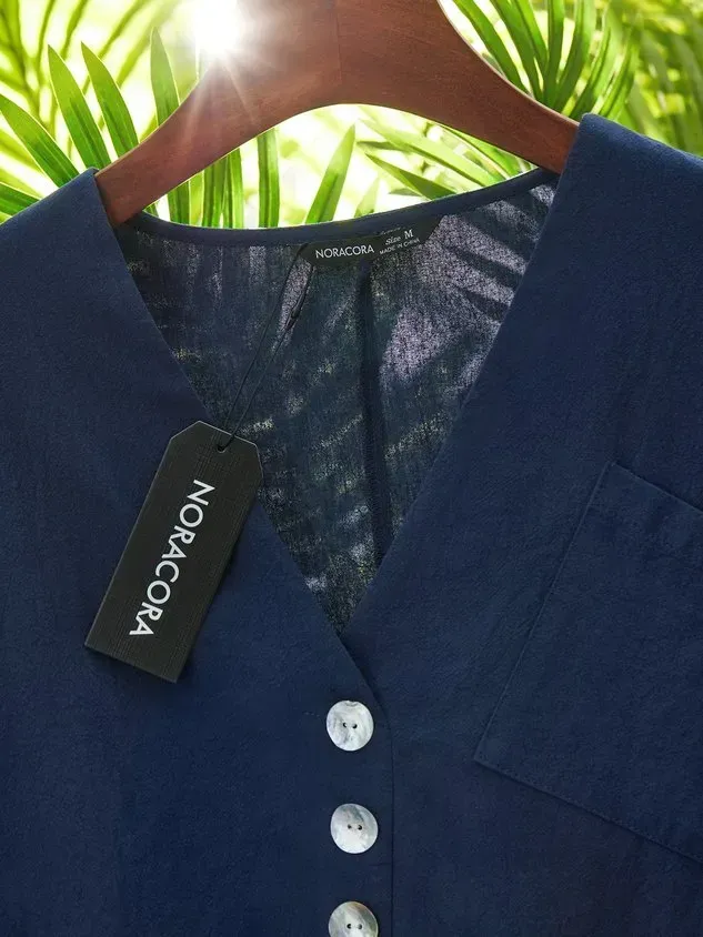 Solid Loosen Casual Cotton V Neck Top