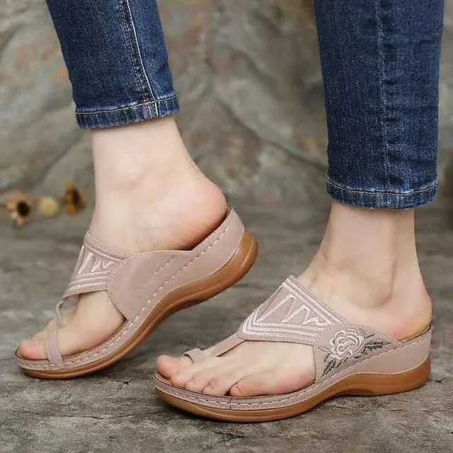 Women's Sandals Comfort Shoes Orthopedic Sandals Bunion Sandals Outdoor Slippers Outdoor Daily Summer Embroidery Flat Heel Wedge Heel Open Toe Vintage Elegant Casual Faux Leather Loafer Floral Dark