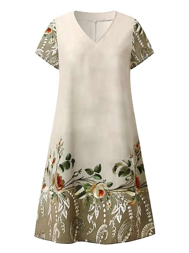 Women's Casual Dress Shift Dress Midi Dress White Blue Green Short Sleeve Flower Print Summer Spring V Neck Basic Vacation Summer Dress 2023 S M L XL XXL 3XL
