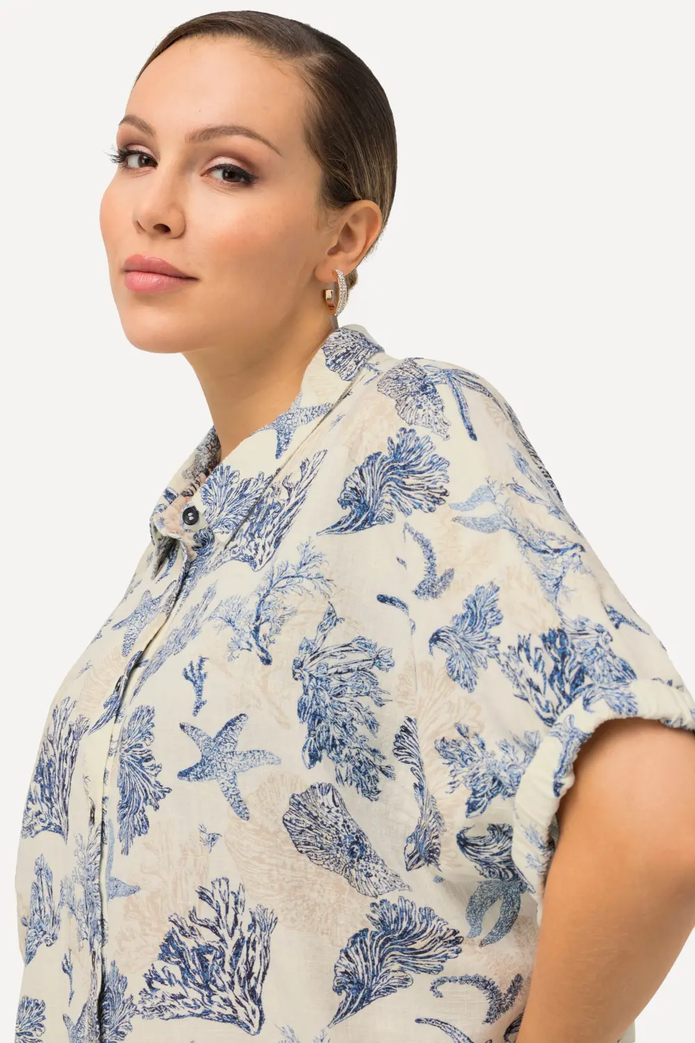 Bluse Leinenmix Muscheldruck Hemdkragen Halbarm