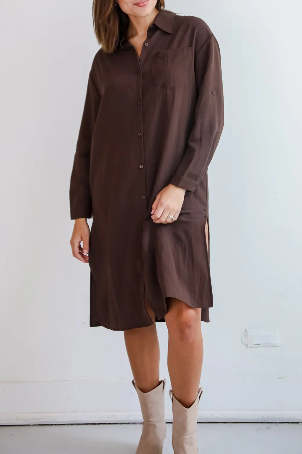 Cherished Chicness Brown Button Front Midi Dress